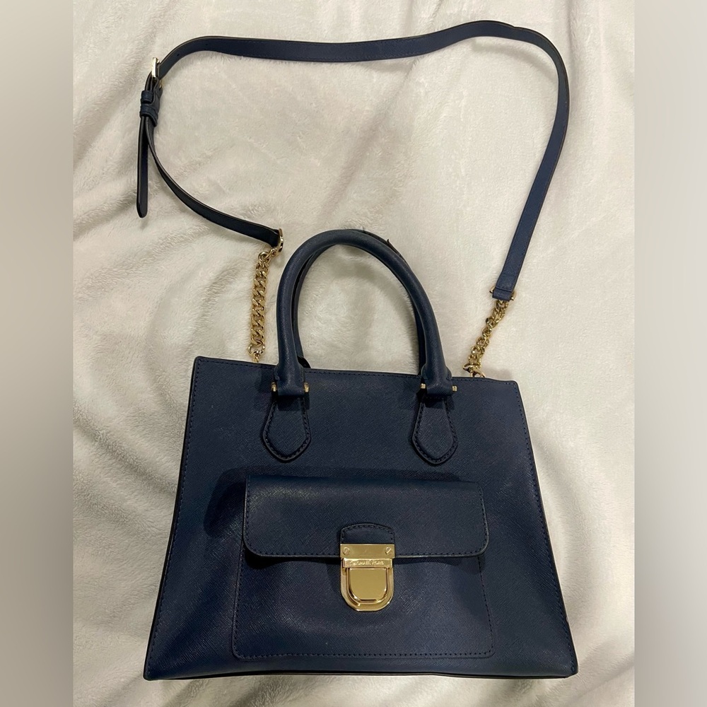Michael Kors Navy Satchel with Gold Chain